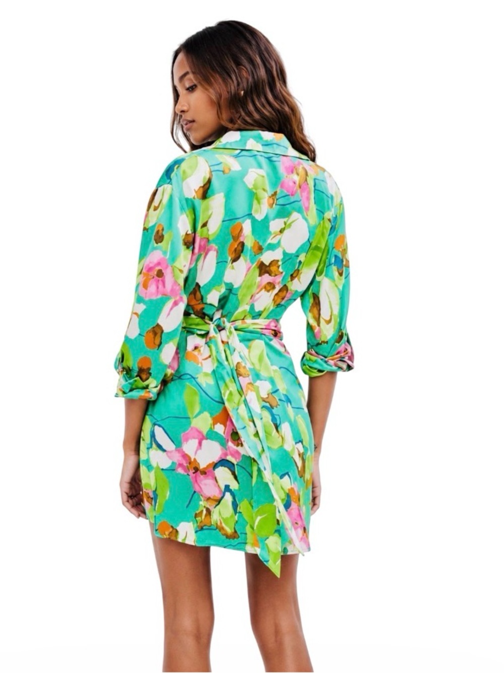 Zara Green Floral Mini Shirt Dress with Pink & White Accents - Picture 2 of 5